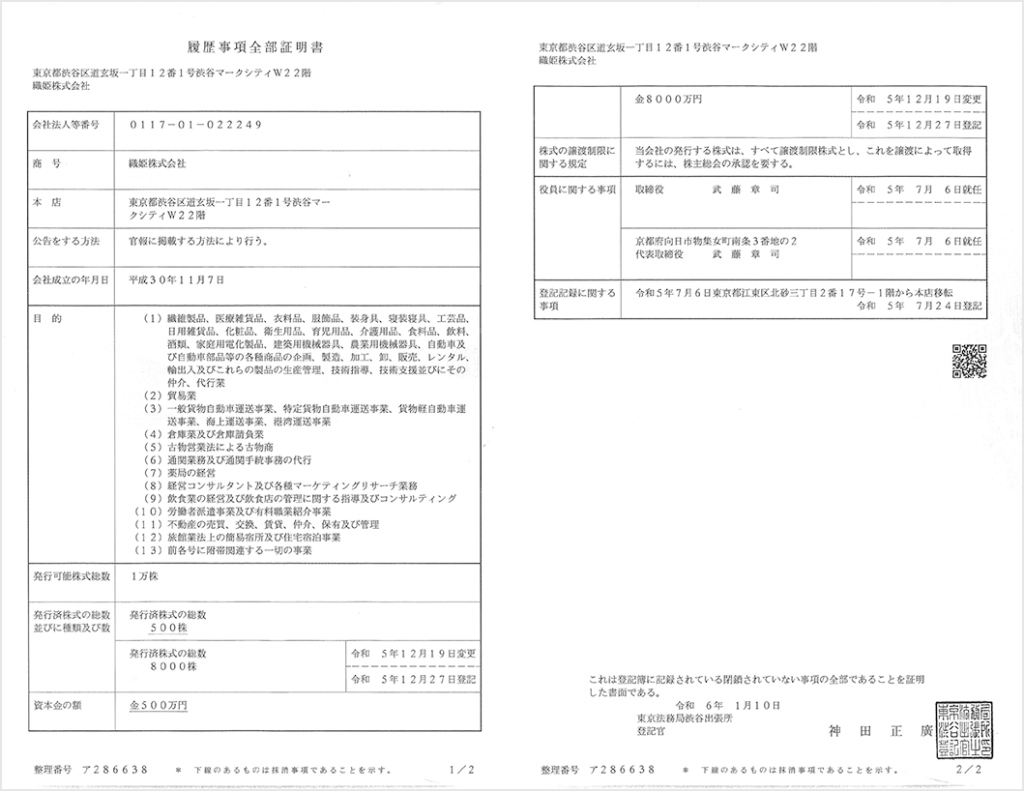 織姫株式会社　登記簿